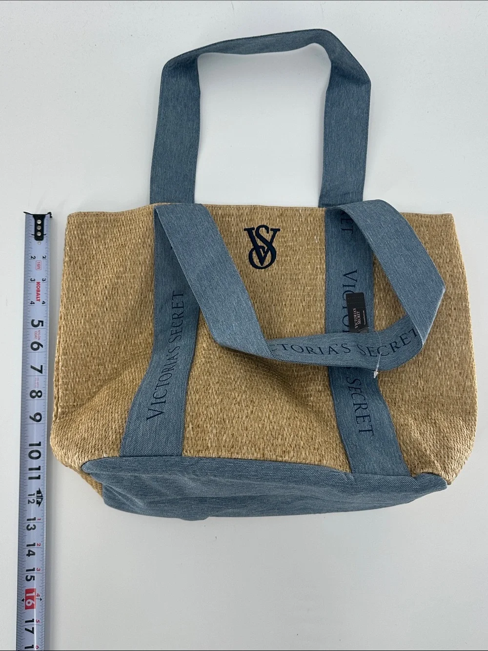 Victoria's Secret Natural Straw Tote with Denim Blue Straps